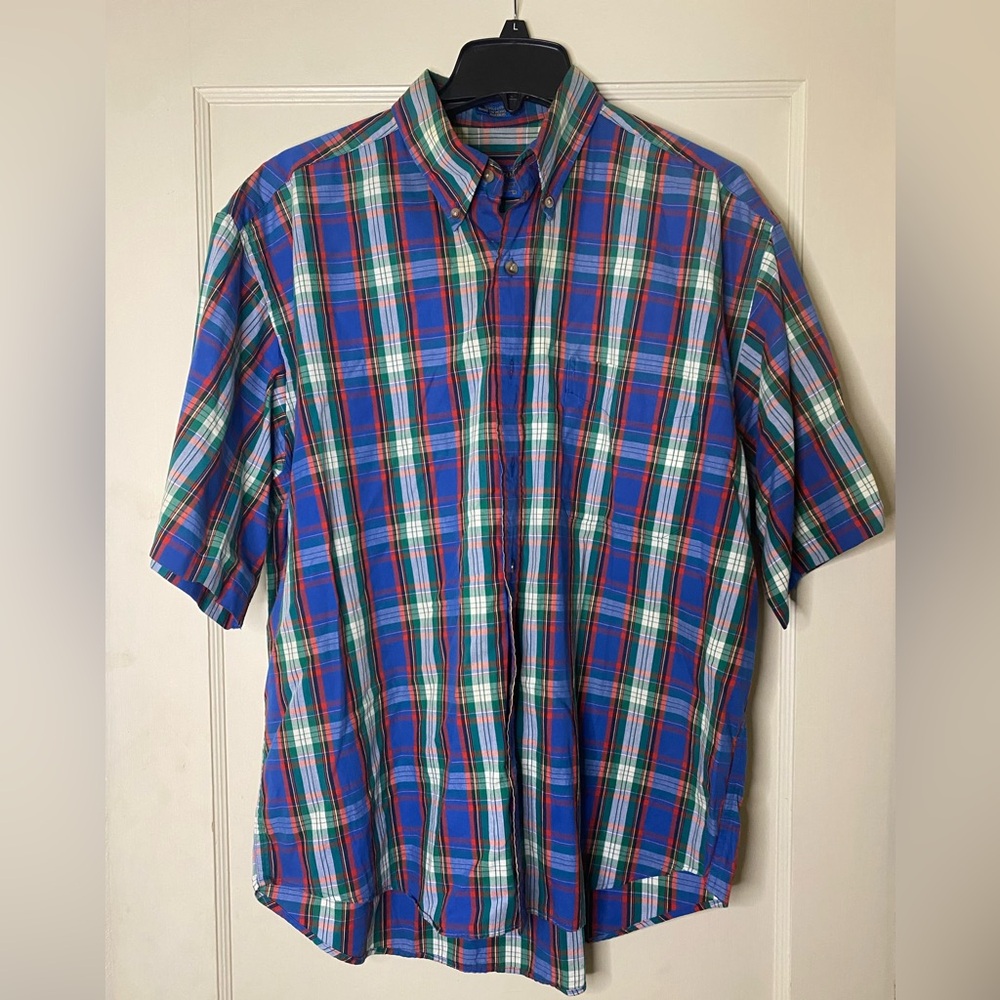 Vintage Pendleton 70s Men Blue Plaid Short Sleeve Button Down Shirt Large Cotton